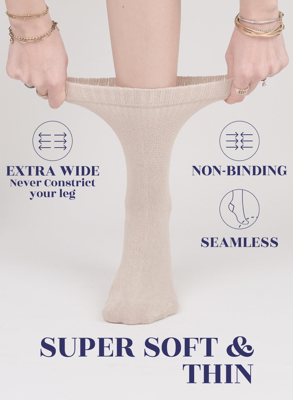 light Beige compression stockings being held up with text highlighting features on a white background