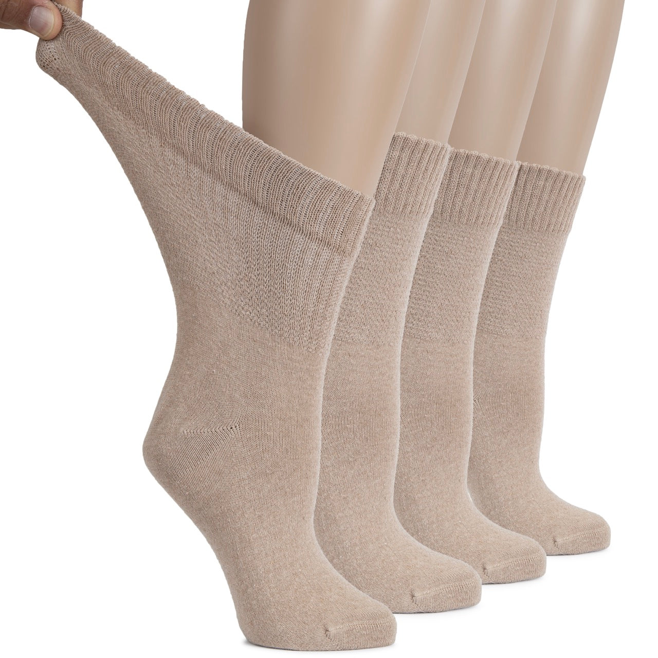 Set of light beige socks displayed on a white background