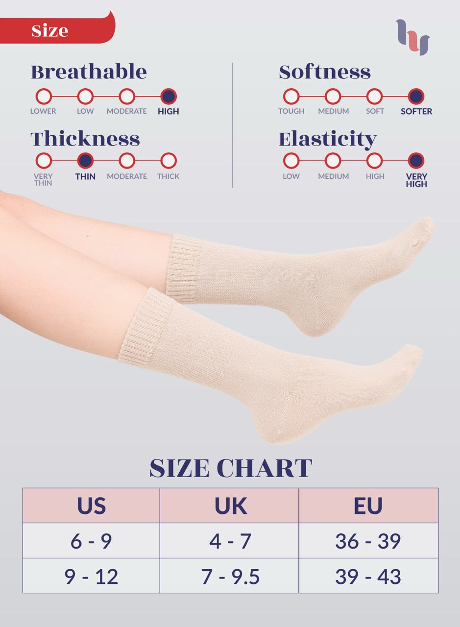 light Beige knee-high socks with size chart and feature ratings on a light gray background