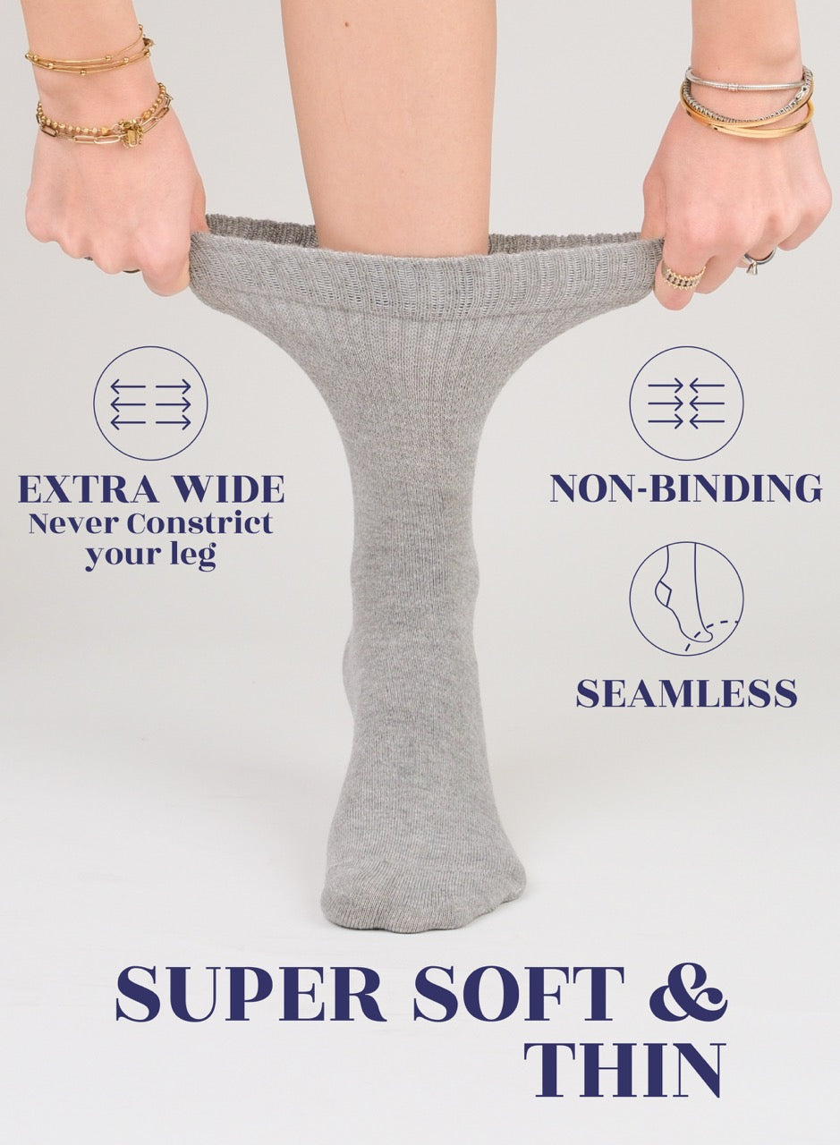 light Gray sock being worn with text highlighting features on a light gray background