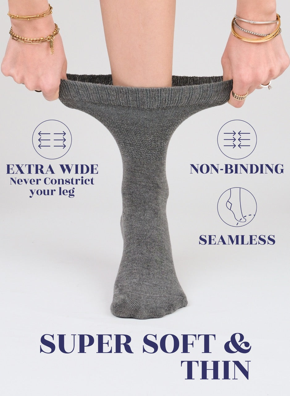 Melange Gray tights being held up with text highlighting features on a light gray background