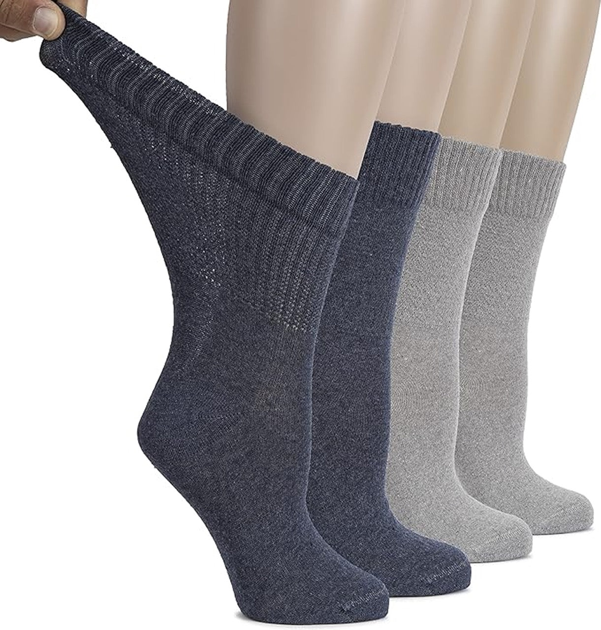 Two pairs of dark blue and gray socks on a white background