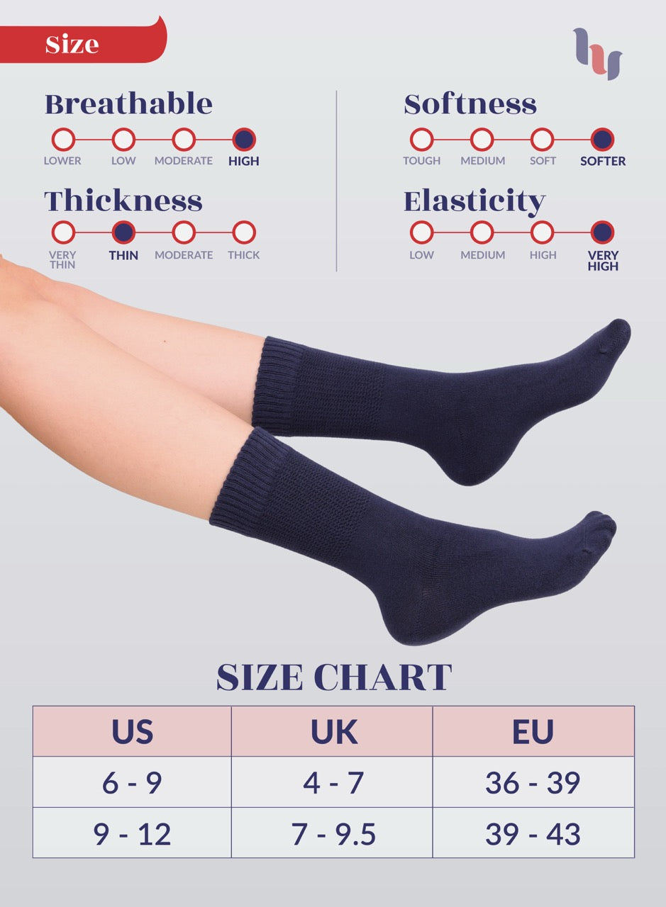 Navy blue socks being worn with size chart and feature ratings on a light gray background