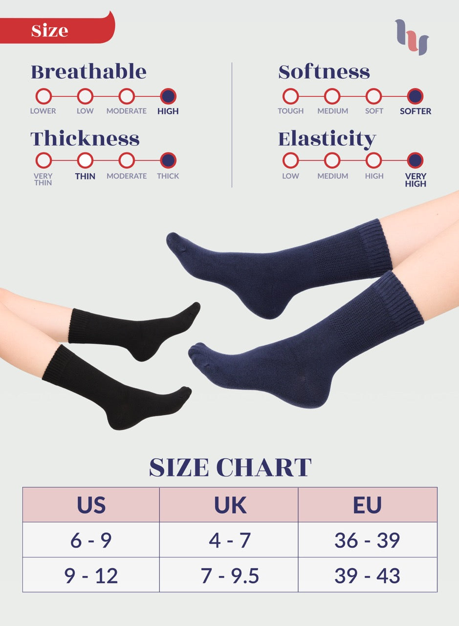 Pair of socks on a person's foot with a size chart and sock feature comparison on a light gray background.