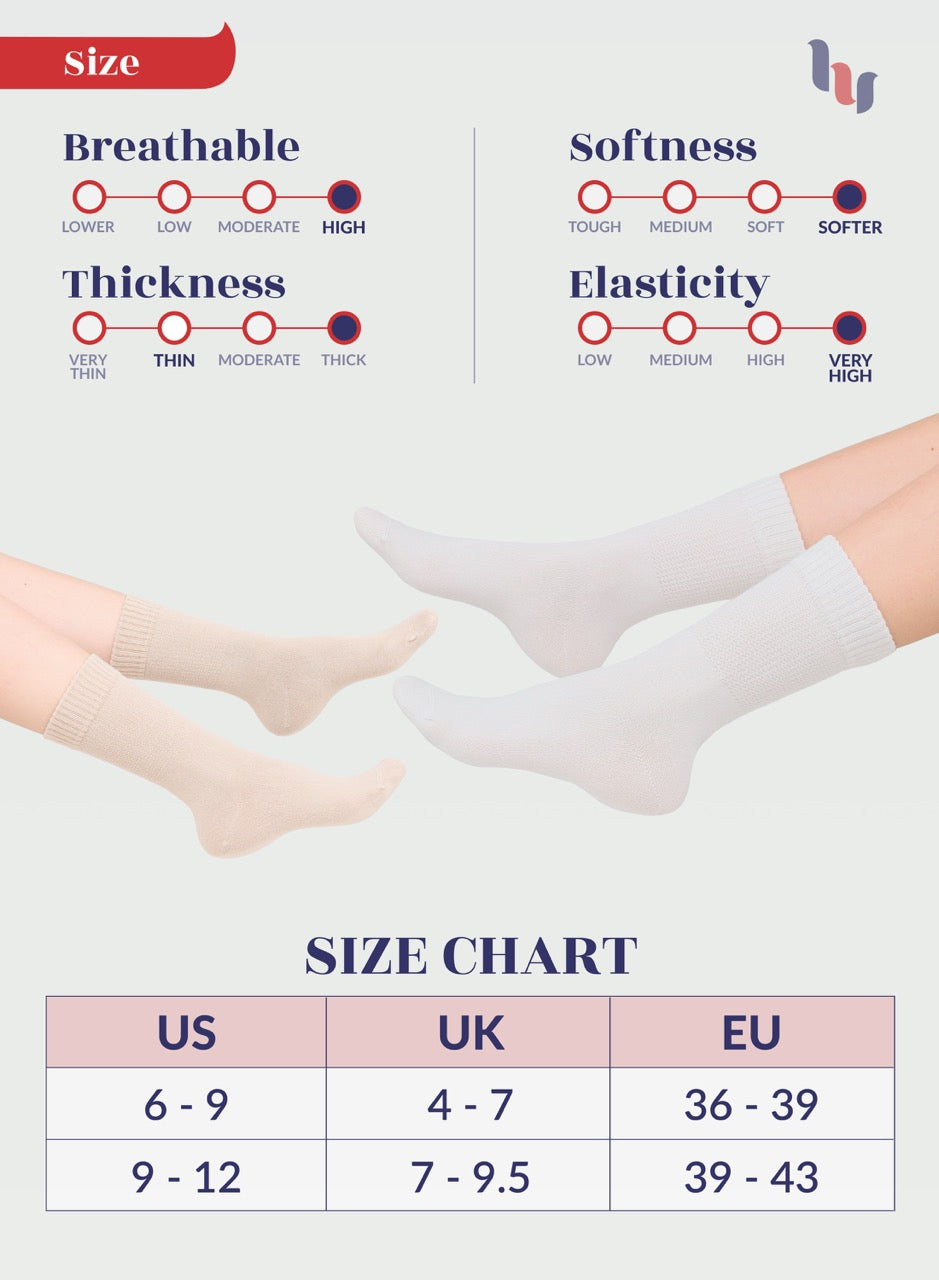 Diabetic sock size chart with measurements for US, UK, and EU sizes.