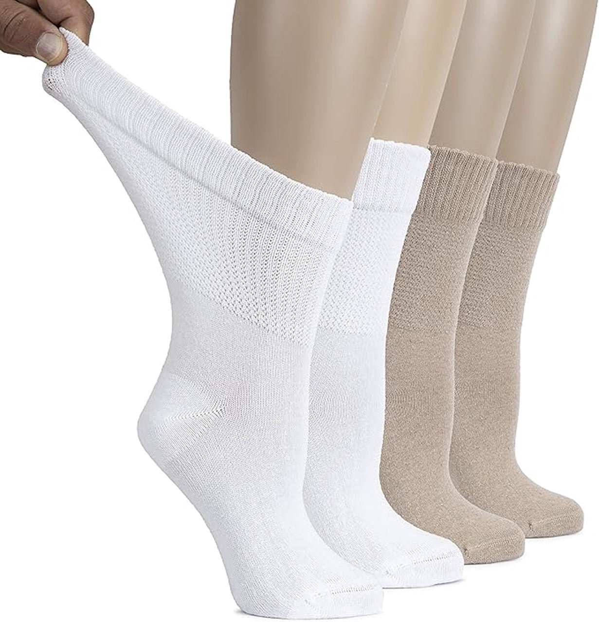 White and beige socks displayed on a mannequin leg against a white background