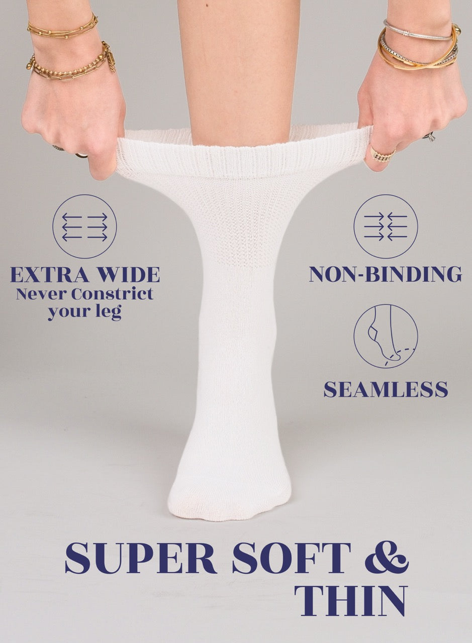 White sock held between two gray pads with text describing features on a gray background