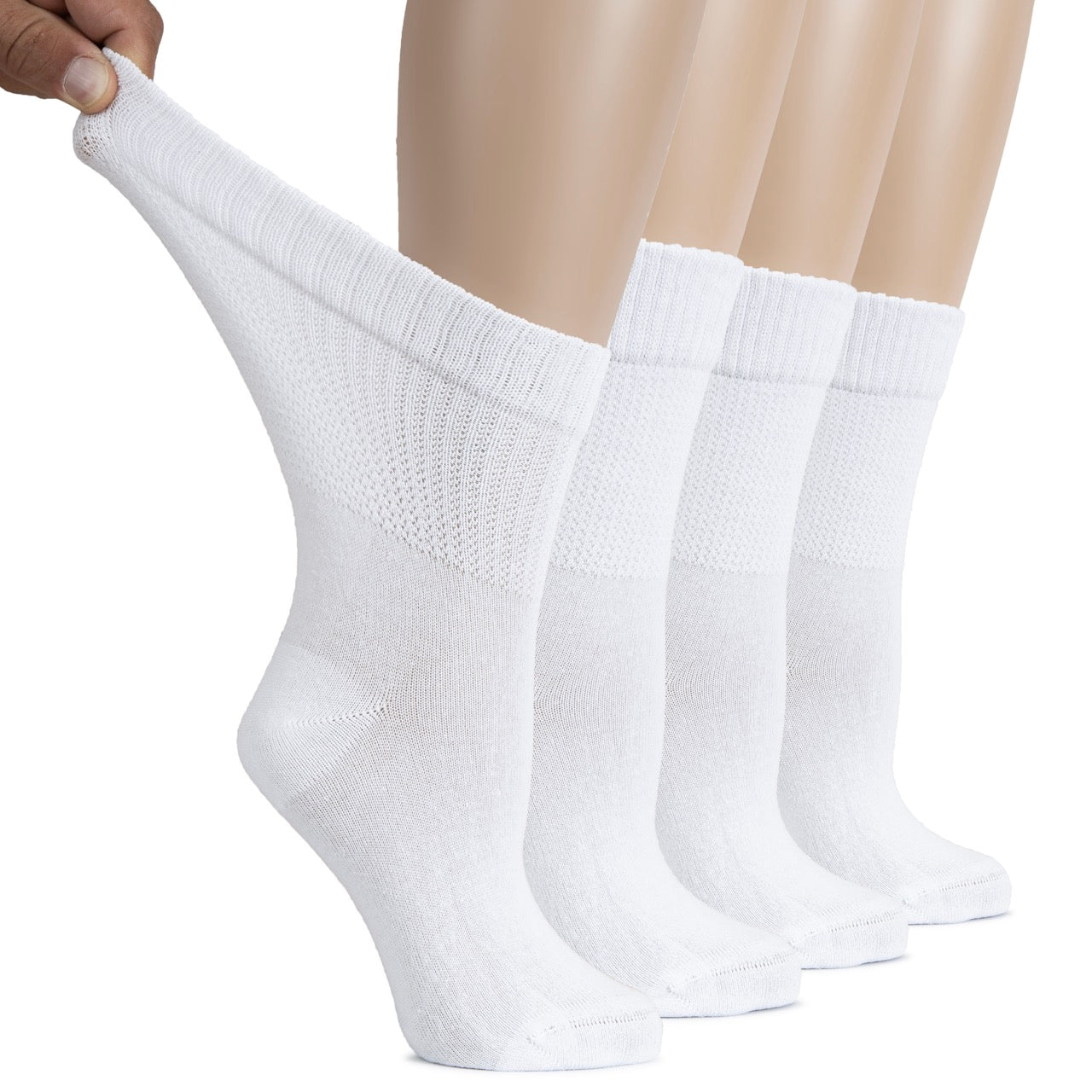 Set of white socks on a mannequin with a hand holding one sock.