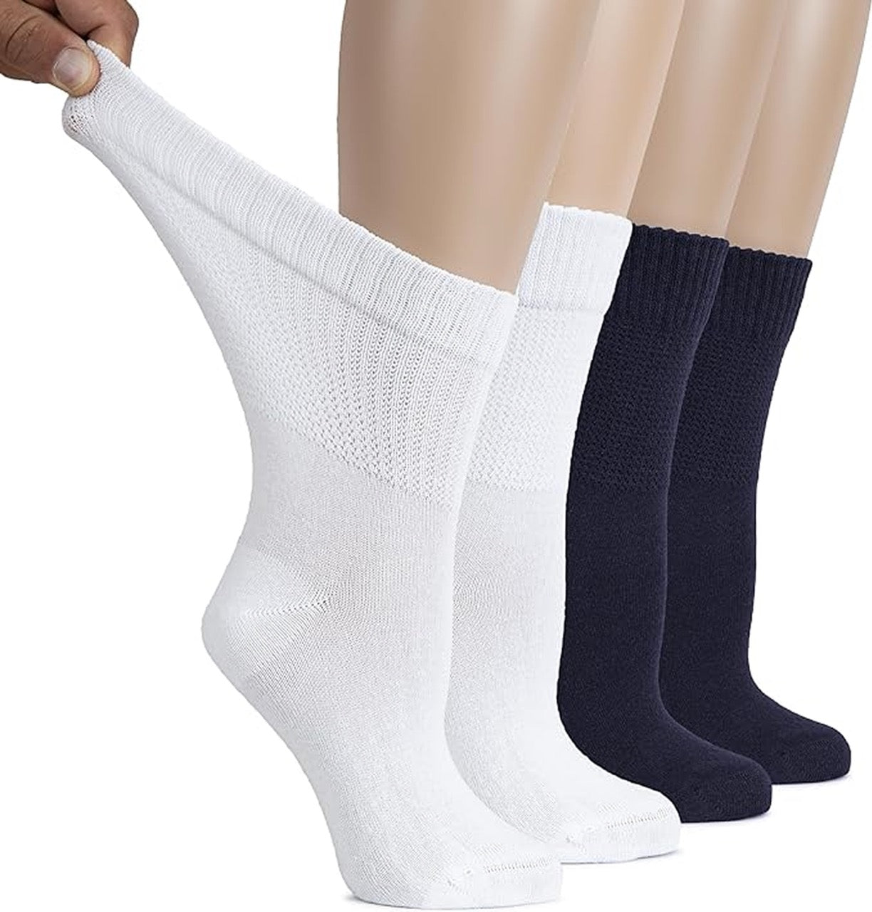 Three pairs of socks, two white and one navy, on a white background.