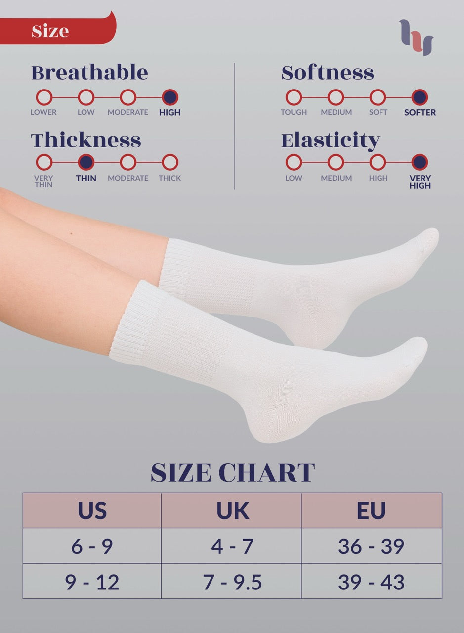 White socks with size chart and comfort features on a gray background