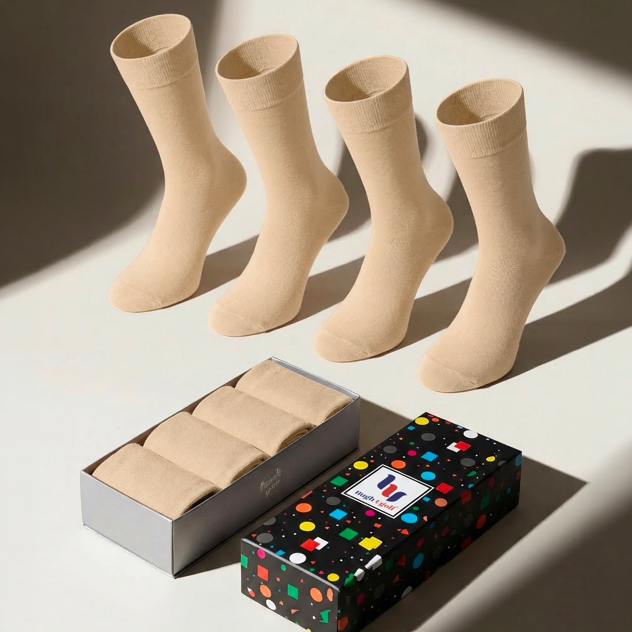 Hugh Ugoli Women's Dress Crew Bamboo Business Socks, 4 Pairs in Beige