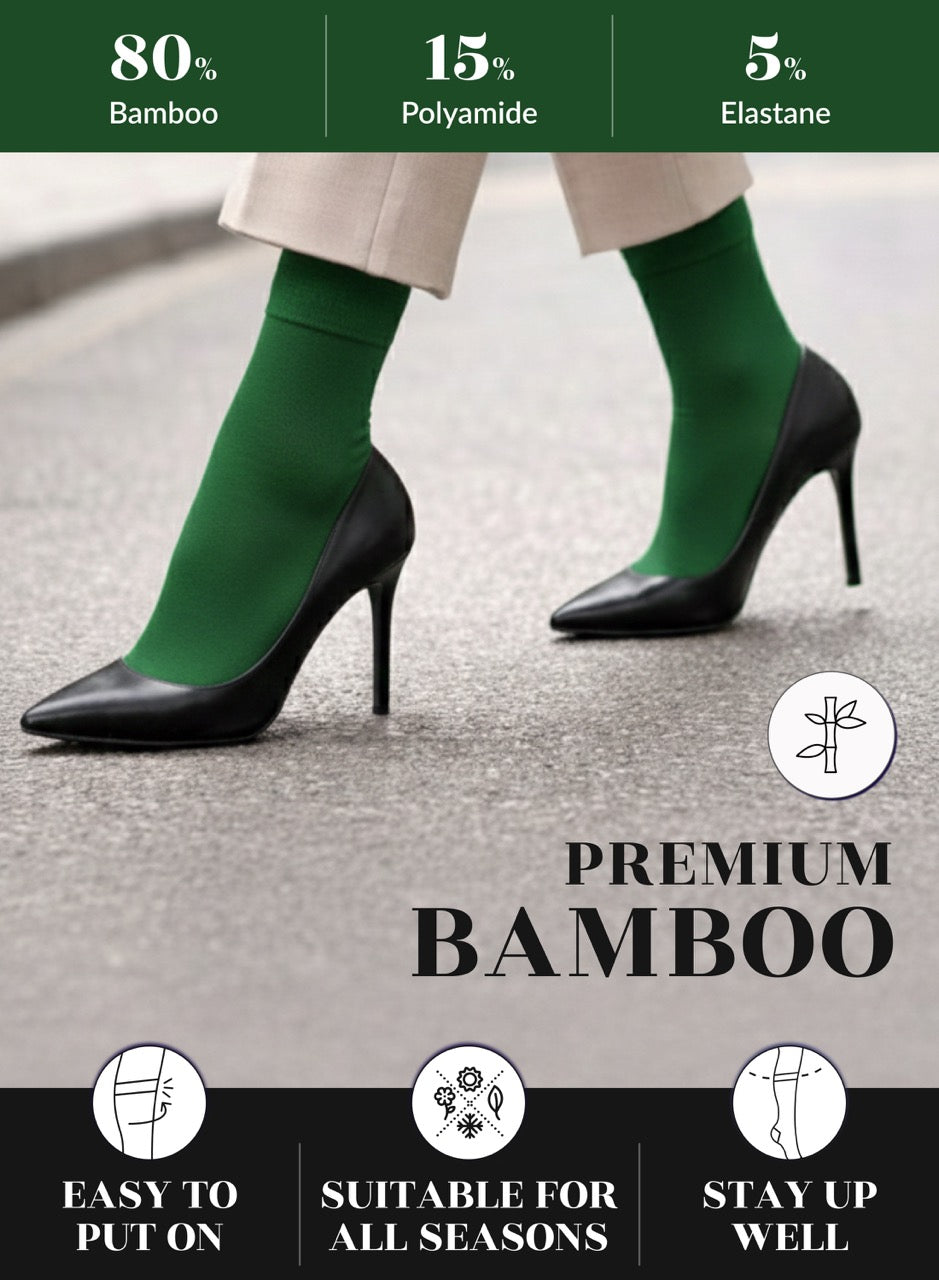 Army green bamboo socks with black high-heeled shoes on a textured surface, featuring product details and benefits.