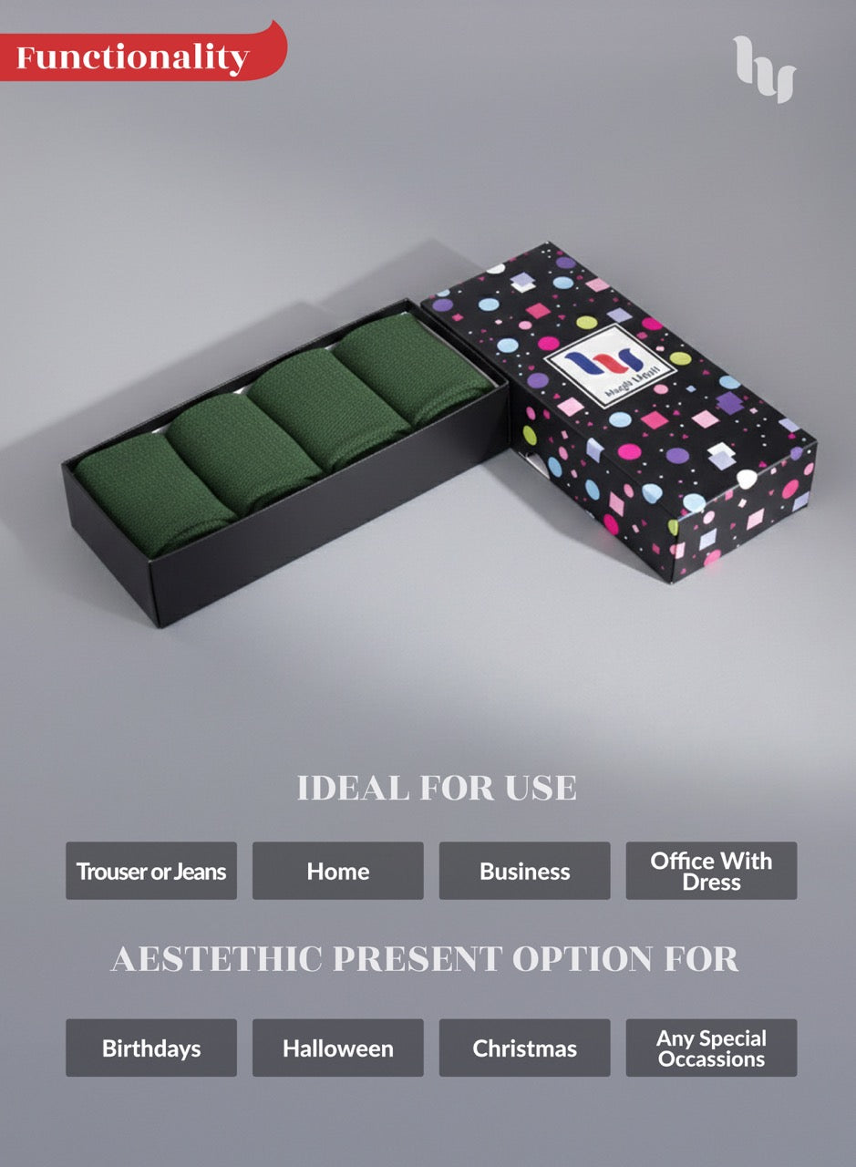 Army green watch bands in a black box with a colorful polka dot pattern on the lid, featuring a logo.