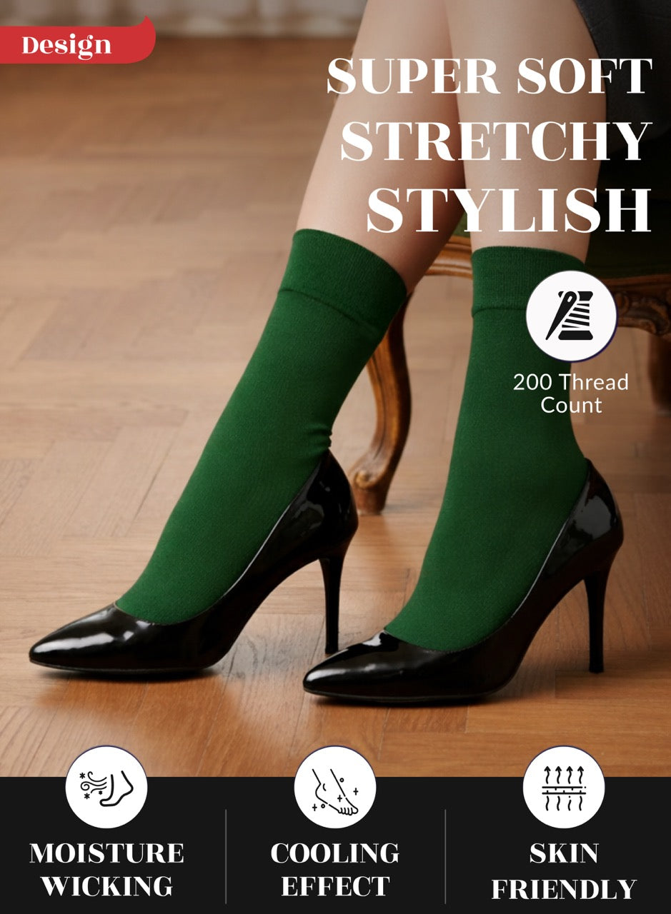 Army green socks being worn with black high heels on a wooden floor, featuring text about sock features.