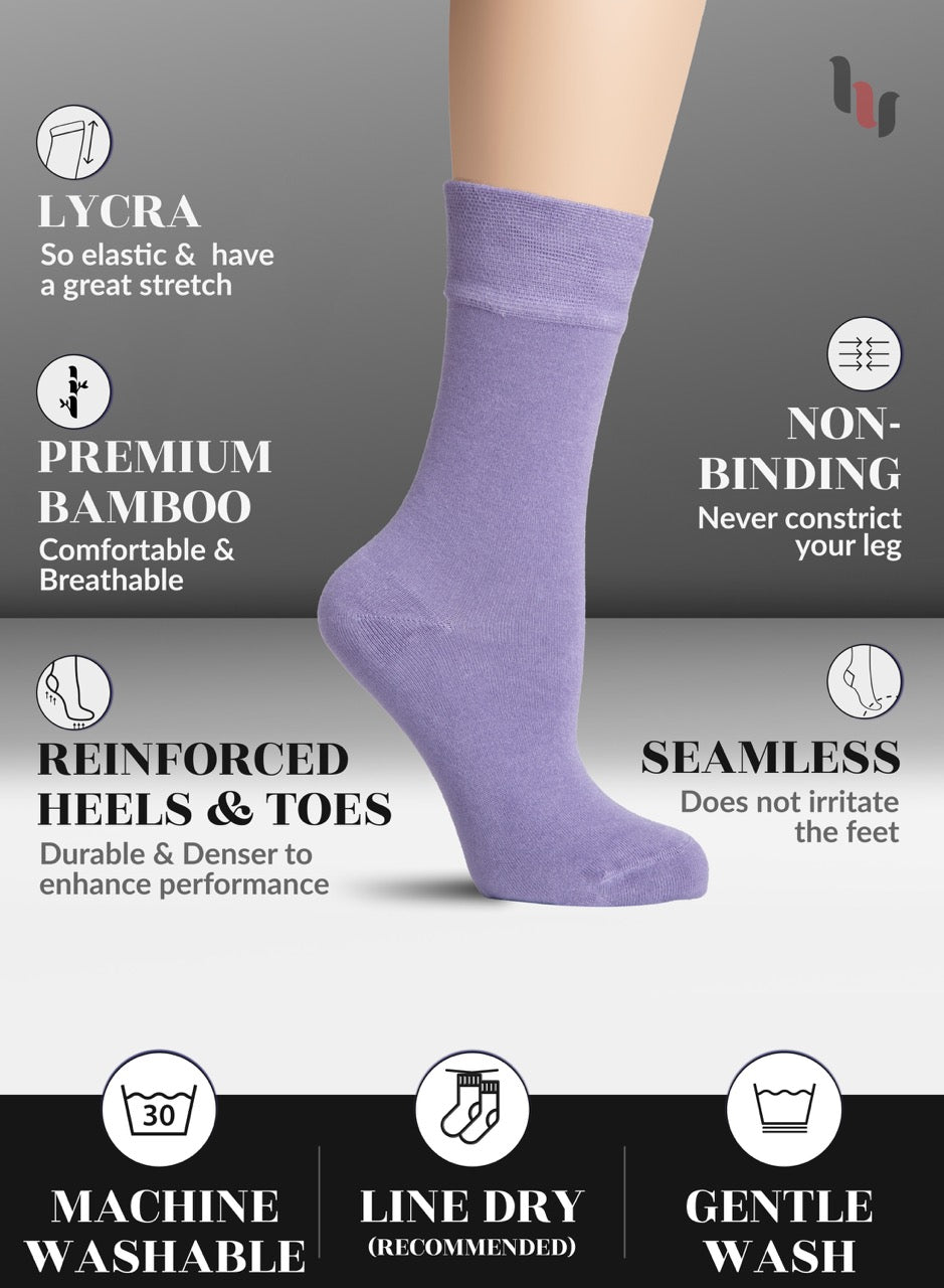 Aster purple sock with features listed on a gray background