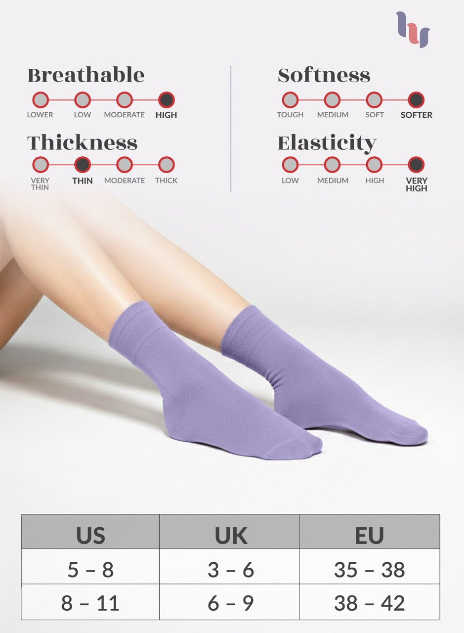 Aster purple socks being worn with a chart detailing sock properties on a light gray background