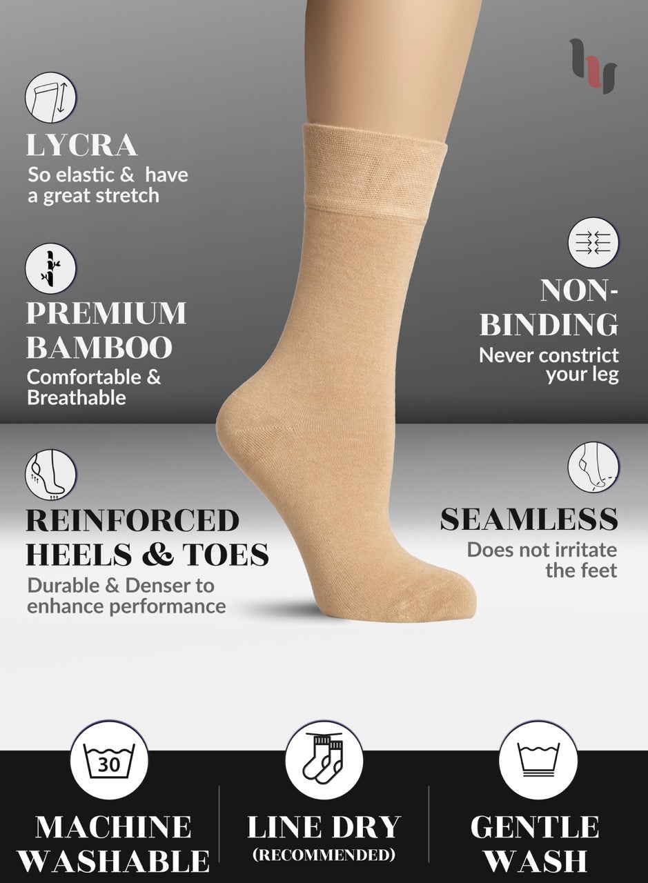 Beige sock with features listed on a gray background