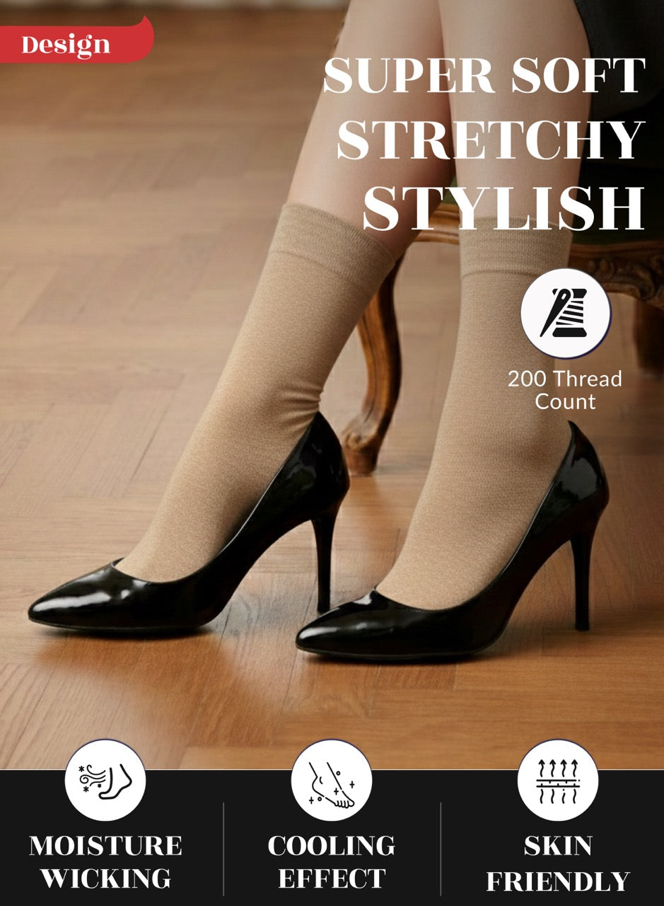 Beige socks with black high heels on a wooden floor, featuring text and icons about product features.