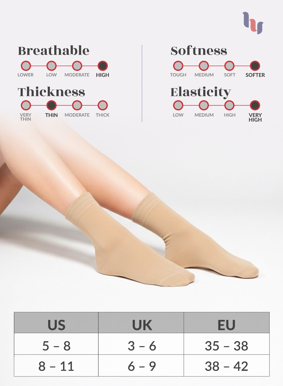 Beige socks with measurement chart for US, UK, and EU sizes on a light gray background.