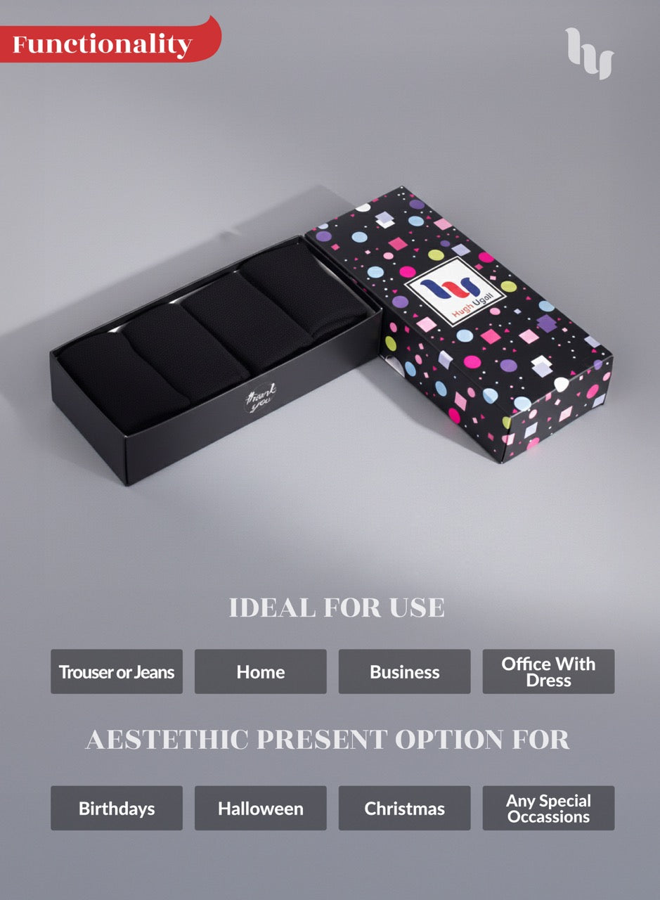 Black socks in a patterned box on a gray background