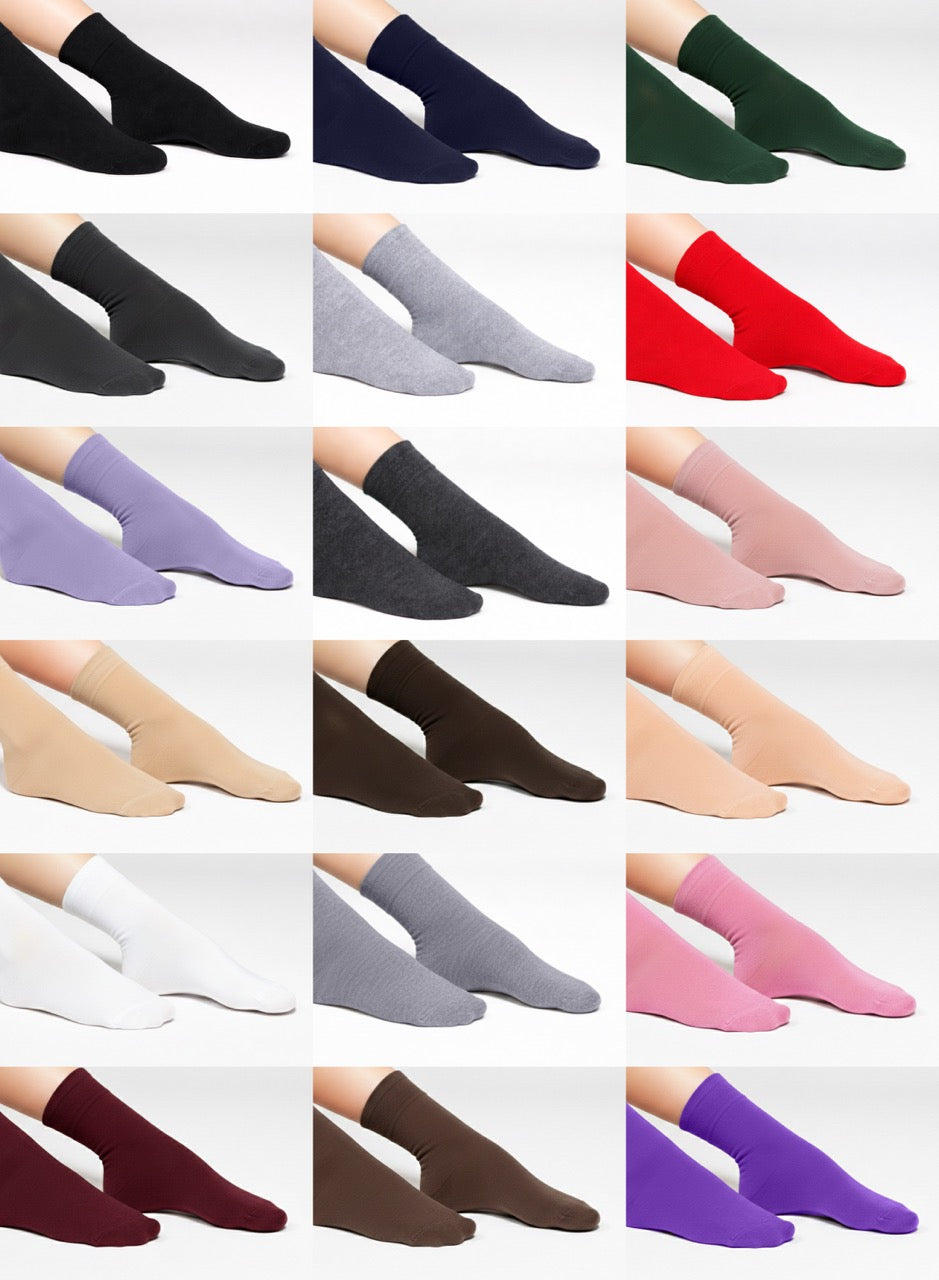 Women's Dress Crew Bamboo Business Socks Collection of various colored socks arranged in a grid on a white background.