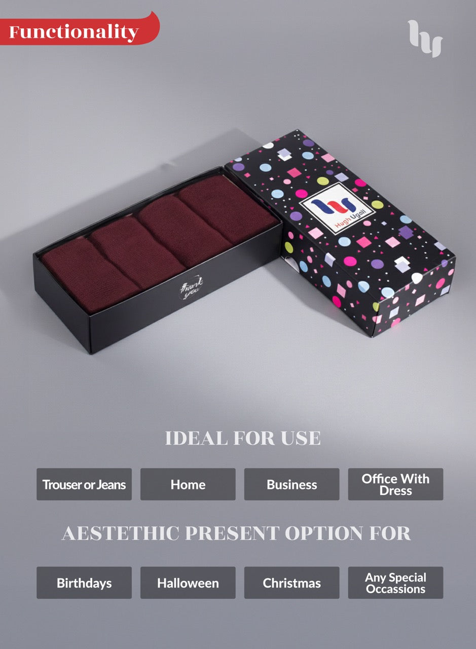 Box of Burgundy socks with a colorful polka dot pattern on the lid, featuring a logo, on a gray background.