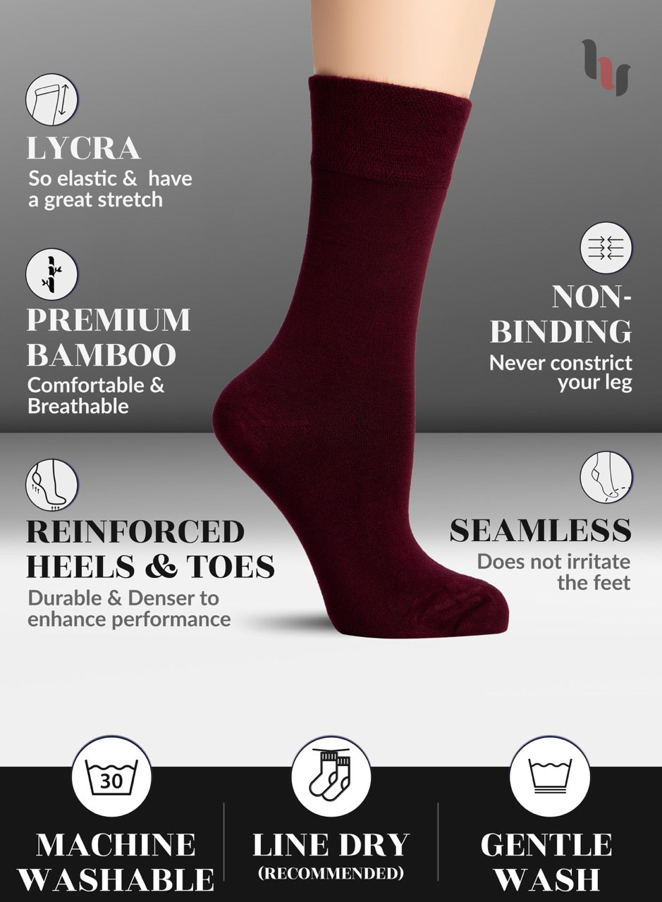Burgundy sock with features listed on a gray background
