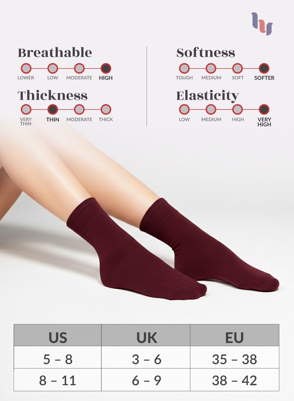 Burgundy socks with size chart and text on a light gray background