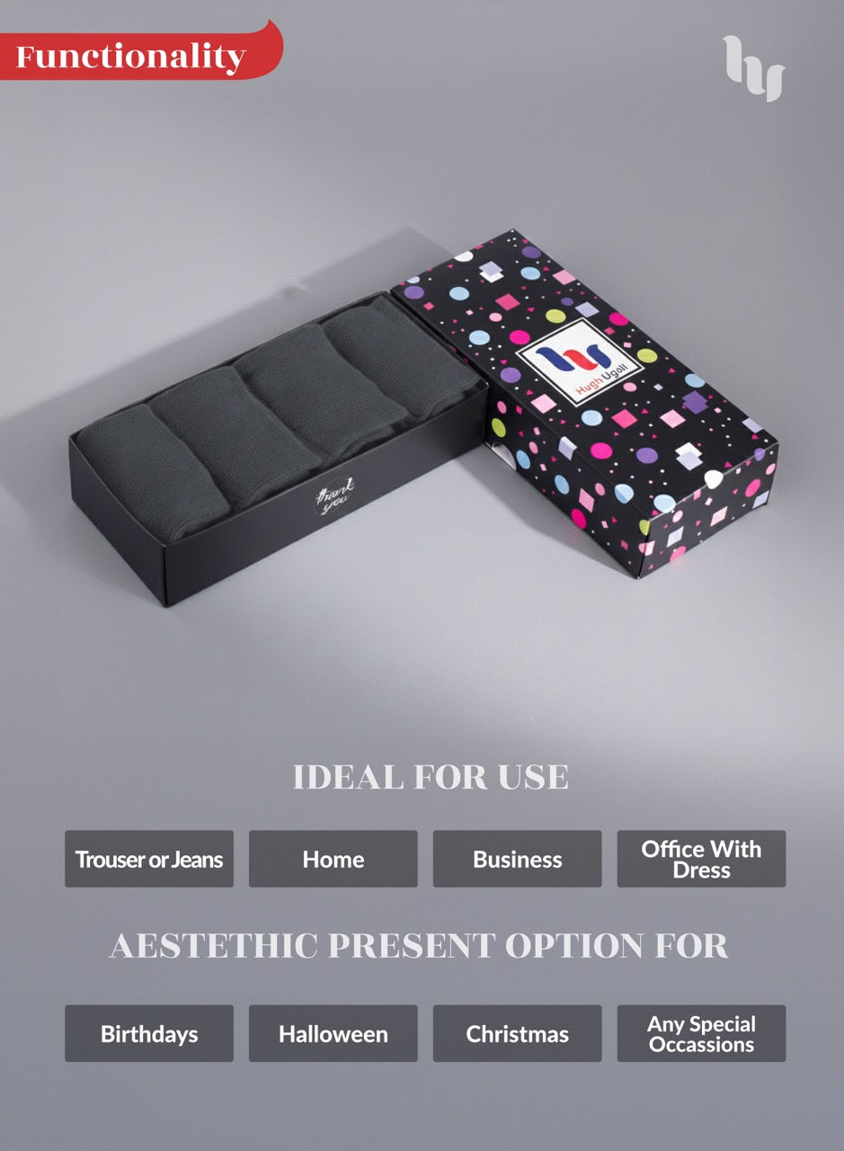 Charcoal socks and colorful box with a brand logo on a gray background
