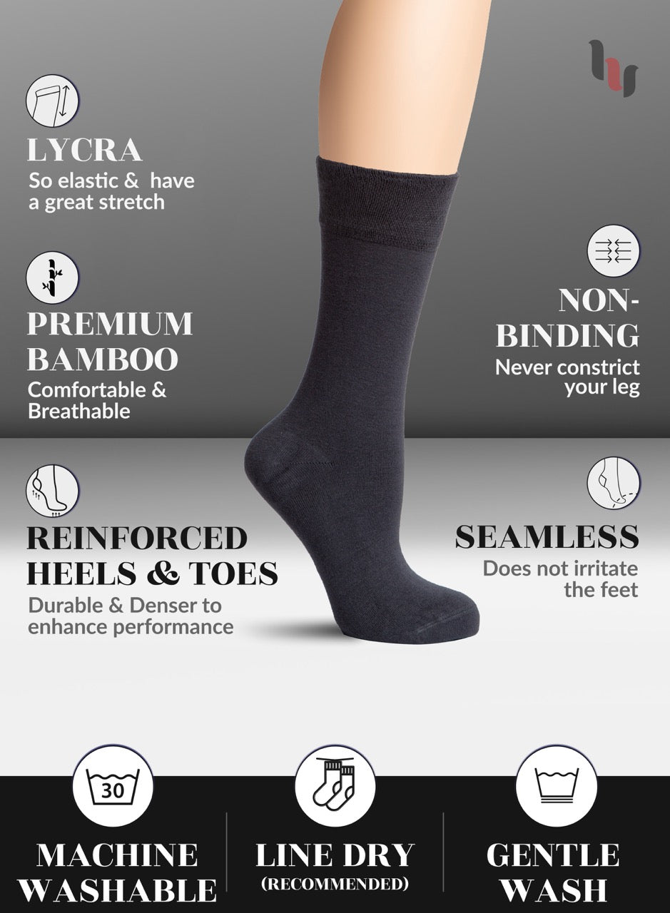 Charcoal sock with features listed on a gray background