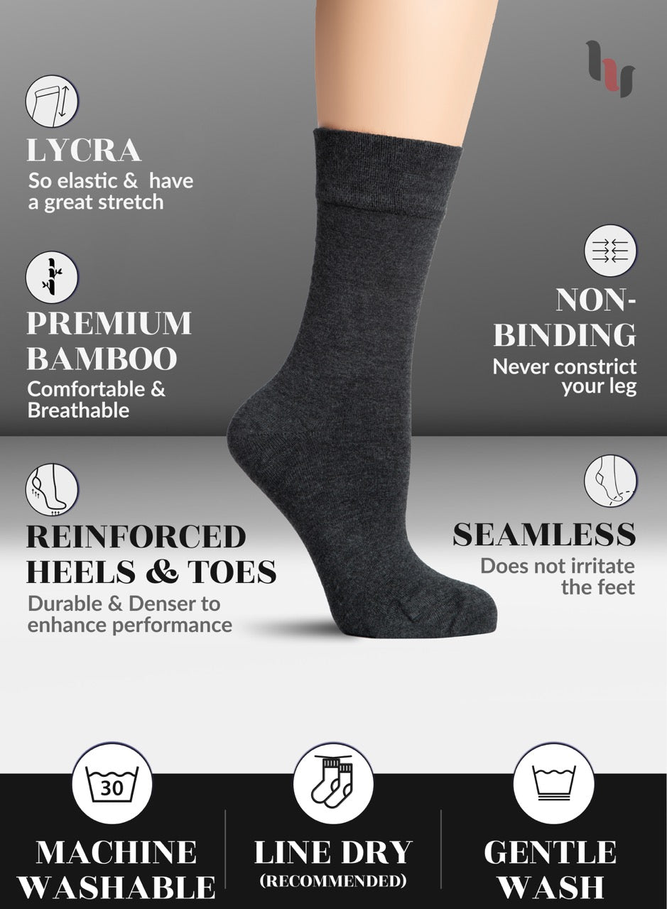 Charcoal grey sock with features listed on a gray background