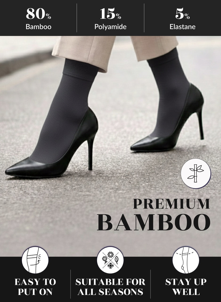 Charcoal socks high-heeled shoes with premium bamboo socks, showing sock length and material composition.