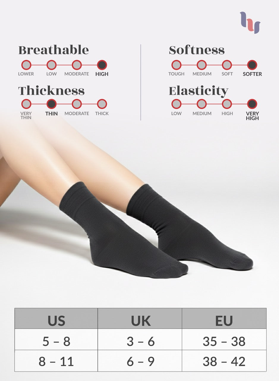 Charcoal socks with size chart and property ratings on a light gray background