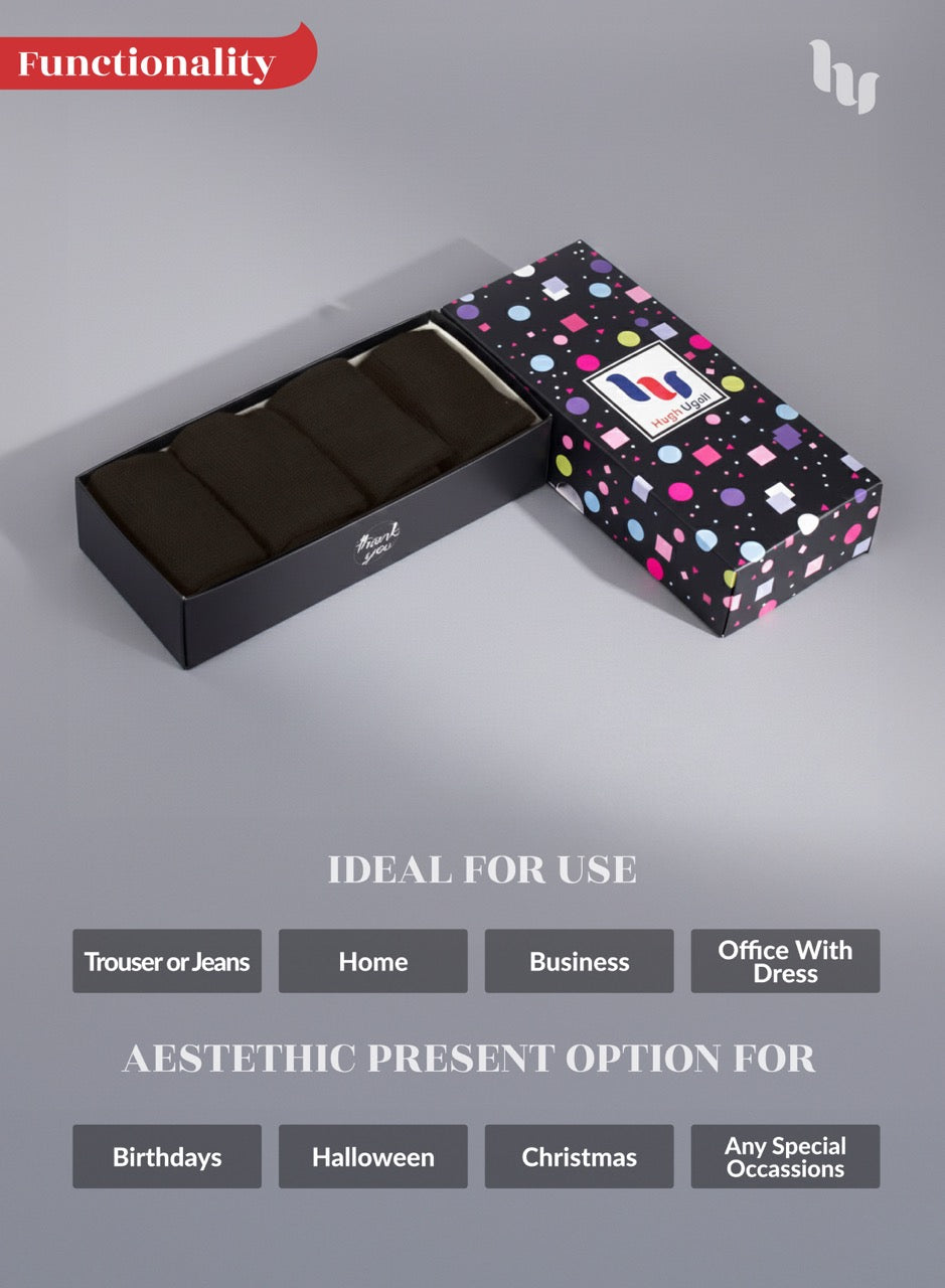 Dark brown socks in a colorful box on a gray background