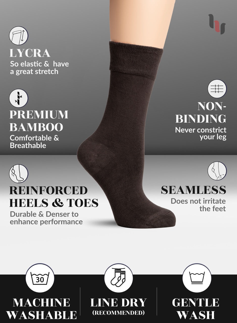 Dark brown sock with features listed on a gray background