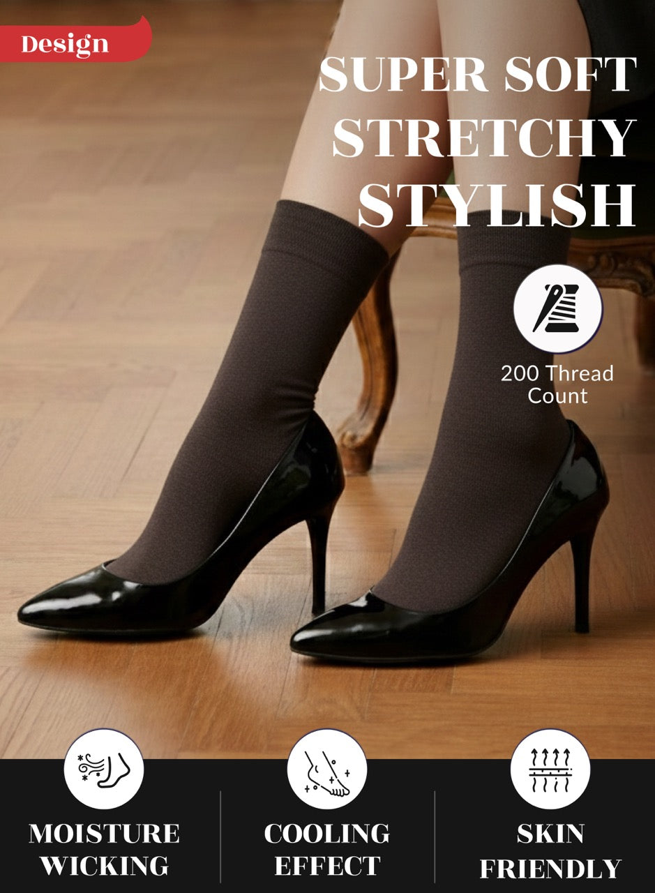 Dark brown socks high-heeled shoes with black socks on a wooden floor, featuring text about sock properties.