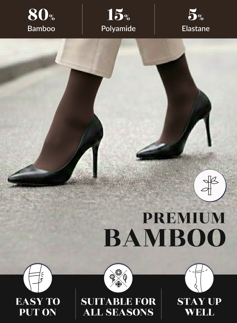 Dark brown socks high-heeled shoes worn with brown socks, featuring material composition and product benefits on a gray background.