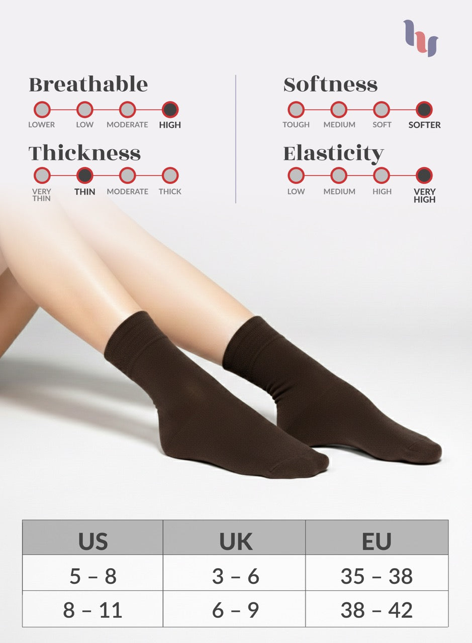 Dark brown socks with size chart and property ratings on a light gray background