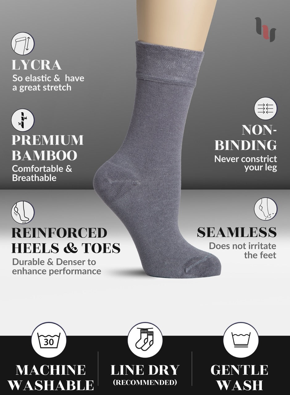 Gray sock with features listed on a gray background