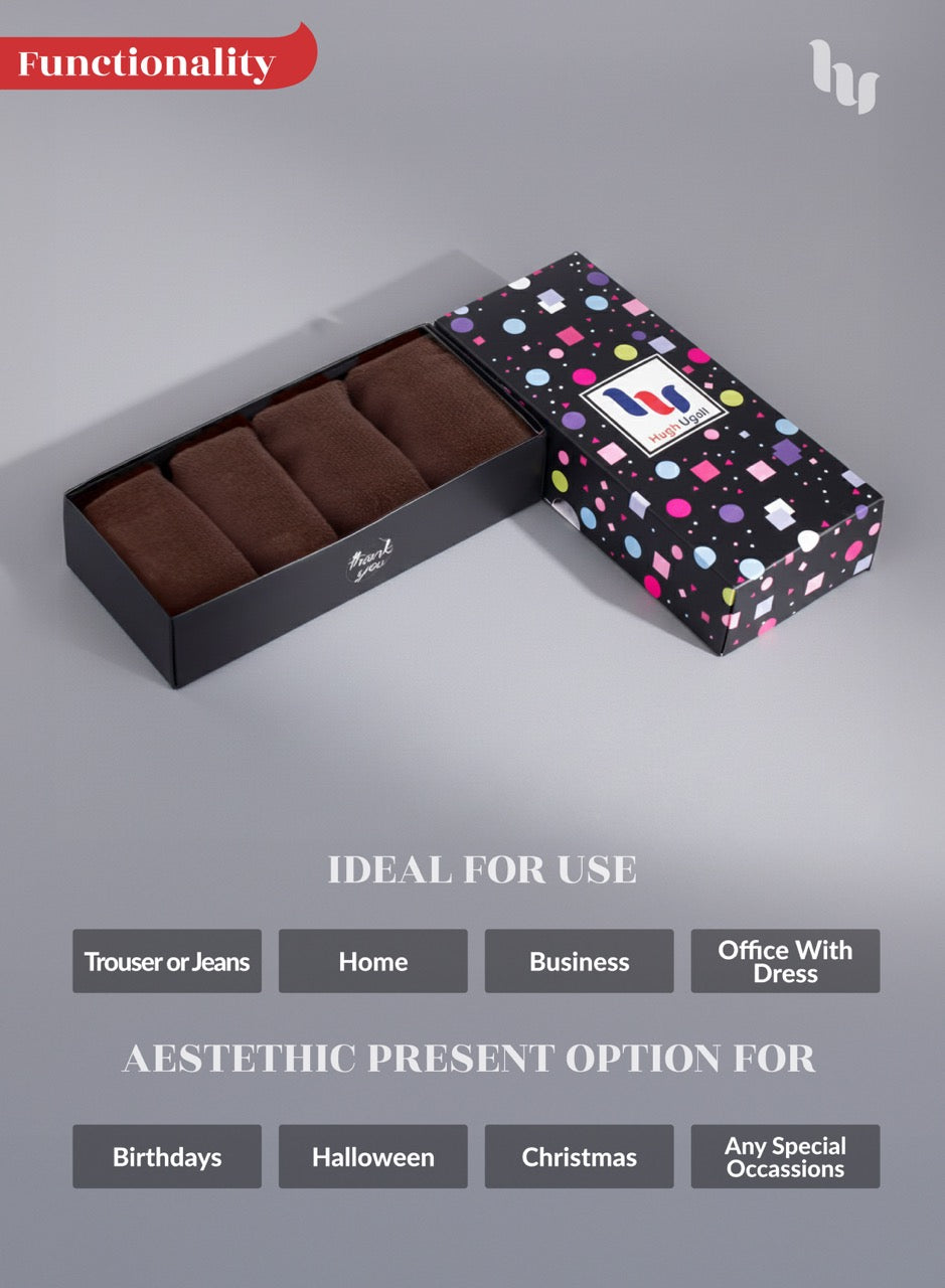 Open box with Light brown socks and a colorful patterned lid on a gray background