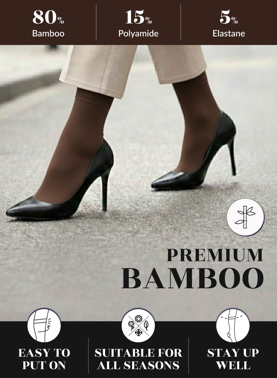 Light brown socks high-heeled shoes worn with white pants on a road, featuring bamboo fiber content information.