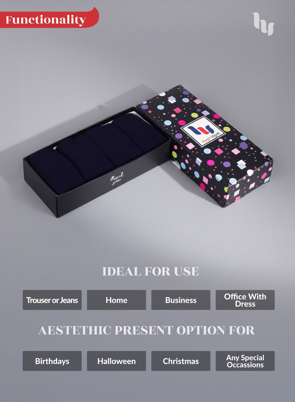 Navy blue socks folded fabric in a patterned box on a gray background