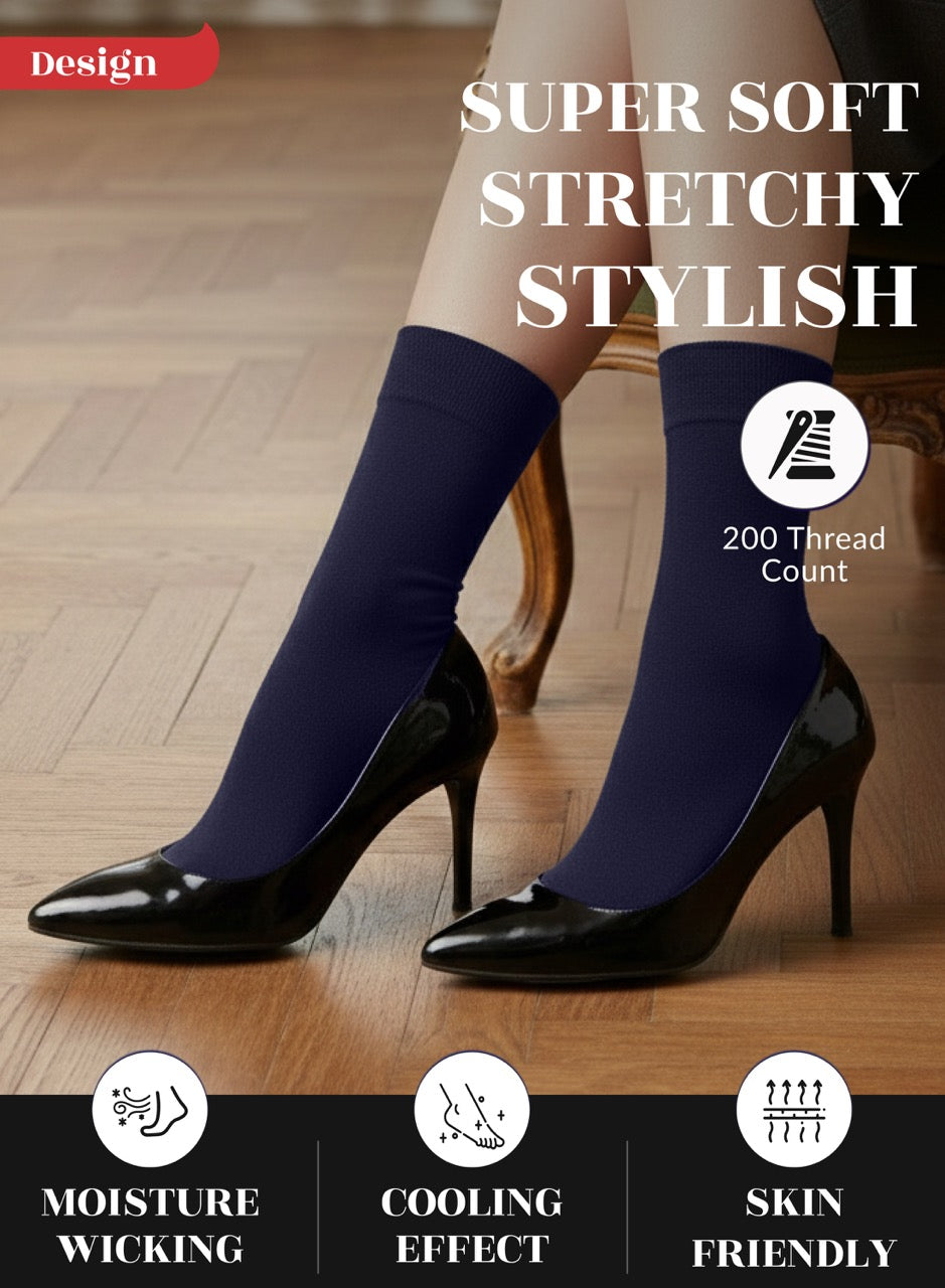 Navy blue socks worn with black high heels on a wooden floor, highlighting features like 'Super Soft', 'Stretchy', 'Stylish', '200 Thread Count', 'Moisture Wicking', 'Cooling Effect', and 'Skin Friendly'.