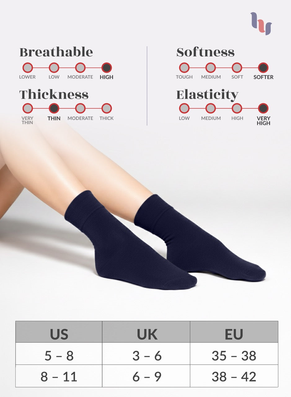 Navy blue socks with size chart and property ratings on a light gray background
