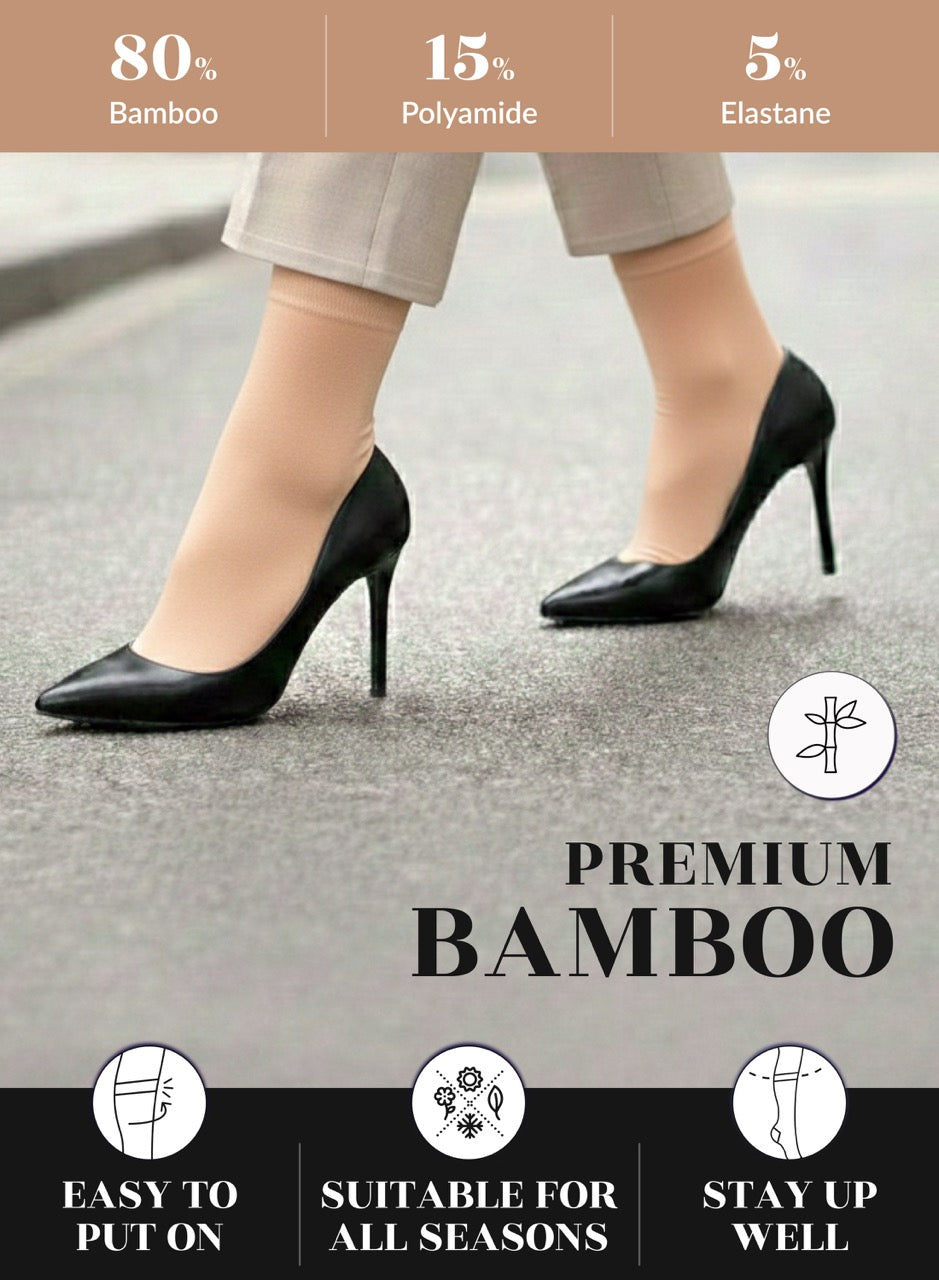 Peach Rose socks with Black high-heeled shoes worn with beige pants on a road, featuring bamboo shoe information.
