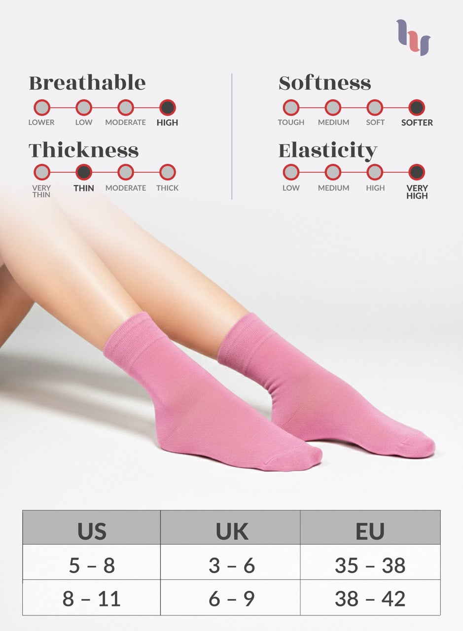 Pink socks being worn with a chart showing sock properties like breathability, softness, thickness, and elasticity.