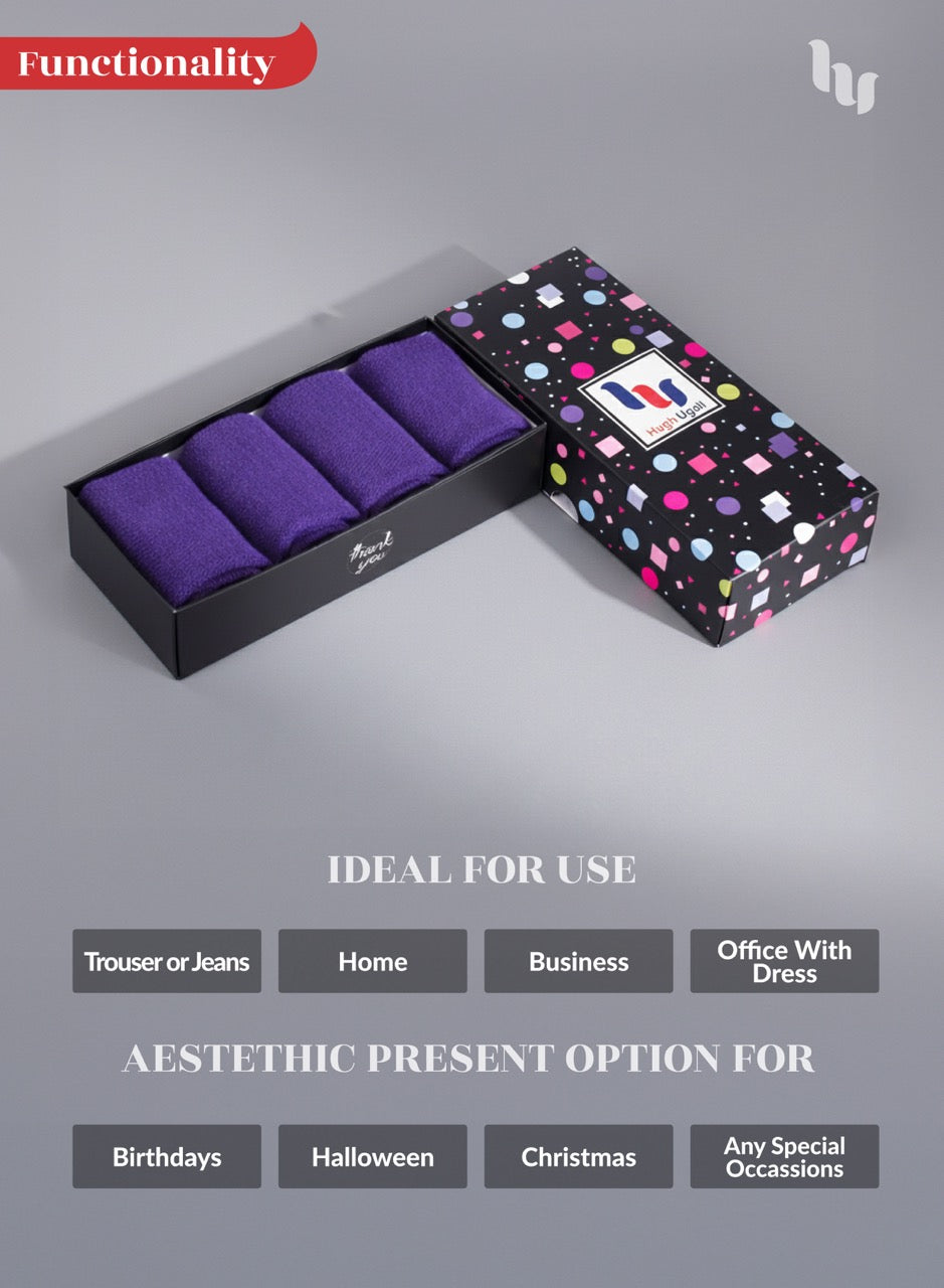 Purple socks in a black box with a colorful patterned box featuring a logo on a gray background.