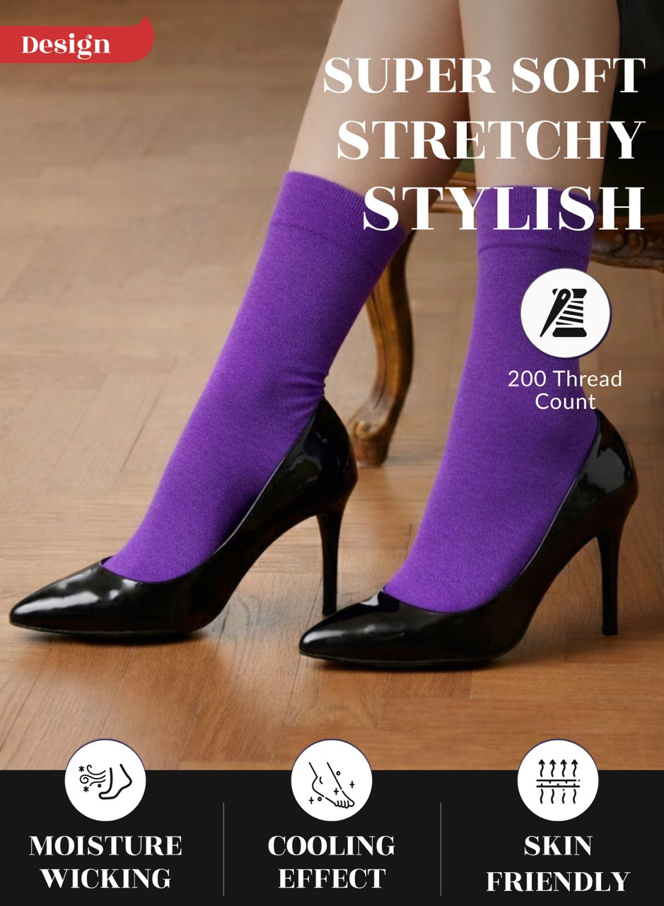 Purple crew socks on black high heels with text highlighting features like 'Super Soft', 'Stretchy', 'Stylish', 'Moisture Wicking', 'Cooling Effect', and 'Skin Friendly'.