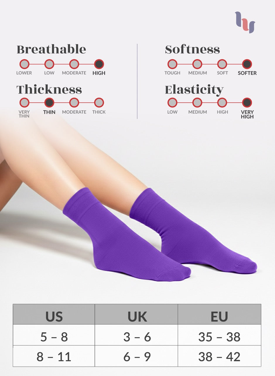 Purple socks being worn with a chart showing sock properties like breathability, softness, thickness, and elasticity.
