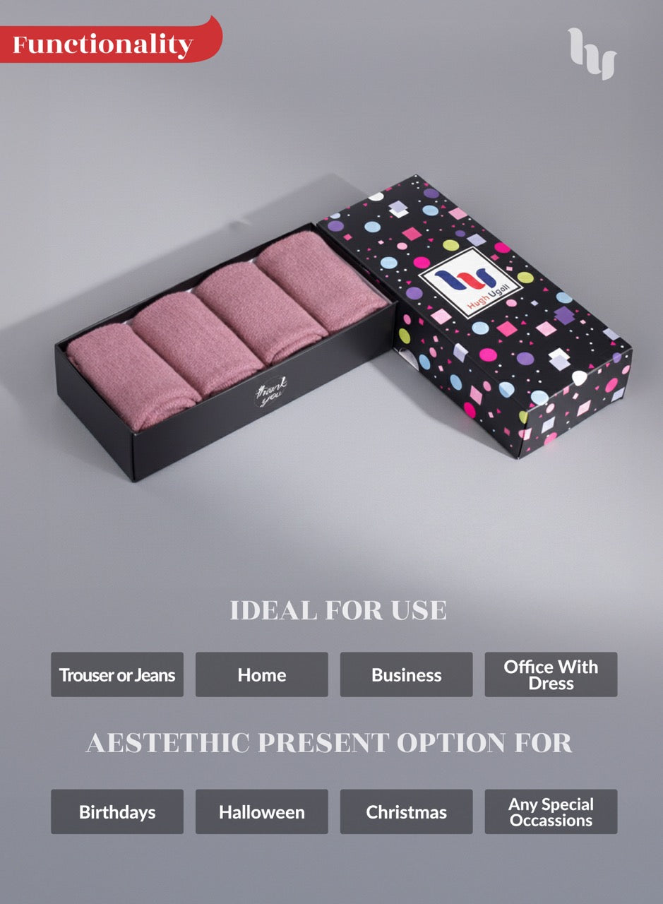 Rose cloud socks in a black box with colorful polka dot lid on a gray background